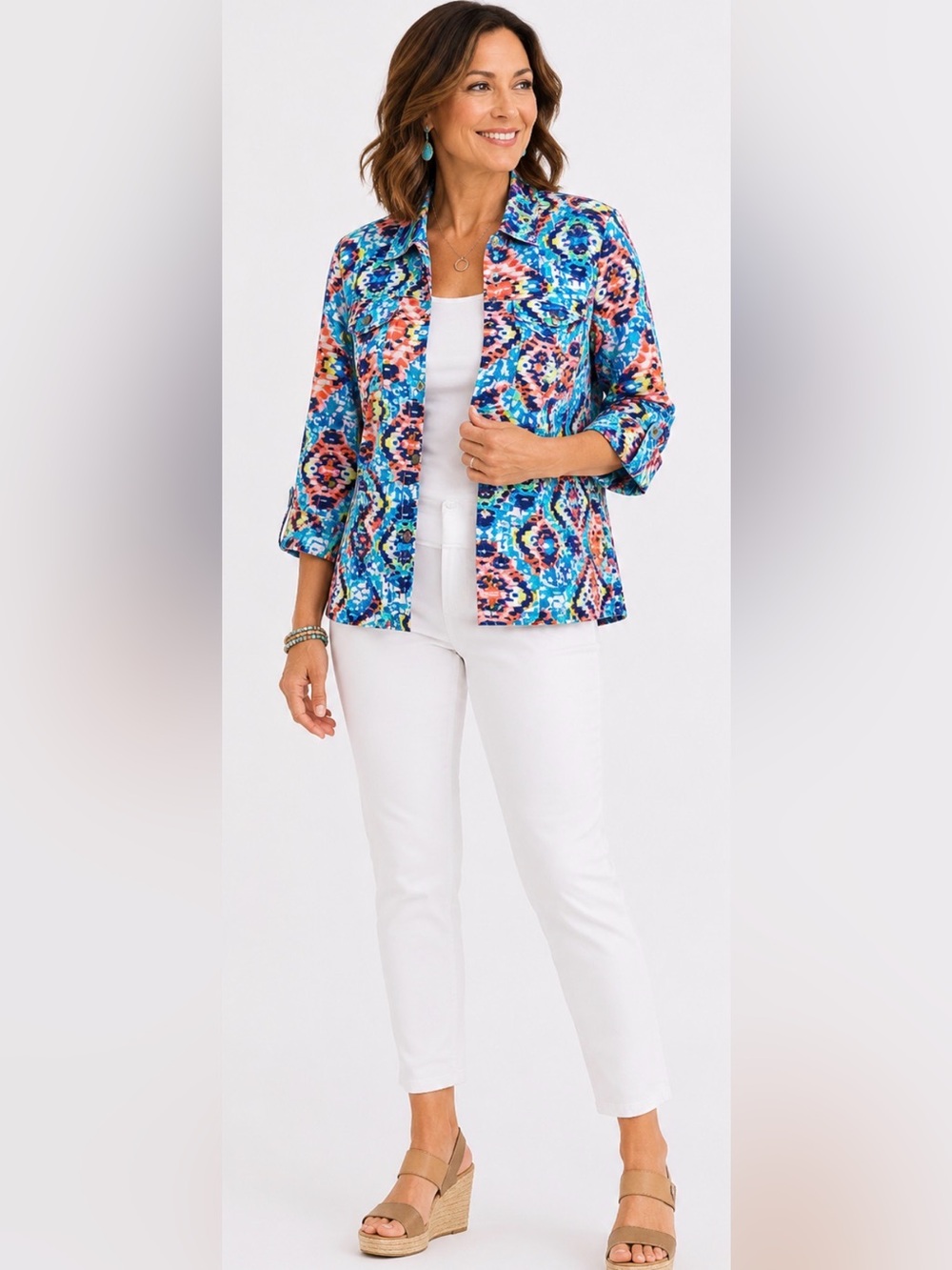 190 Ruby Rd Linen Blend Aztec Print Button Front Jacket Shirt M Blue Coral Boho